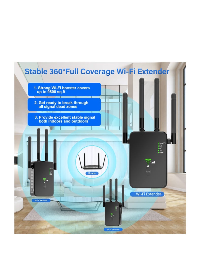 Excefore - WiFi Extender, 1200Mbps Wi-Fi Signal Booster Amplifier, for Home WiFi 2.4&5GHz Dual Band(9800sq.ft)Wireless Repeater, with Ethernet Port & AP Mode, 4 Antennas 360° Coverage - Image 1