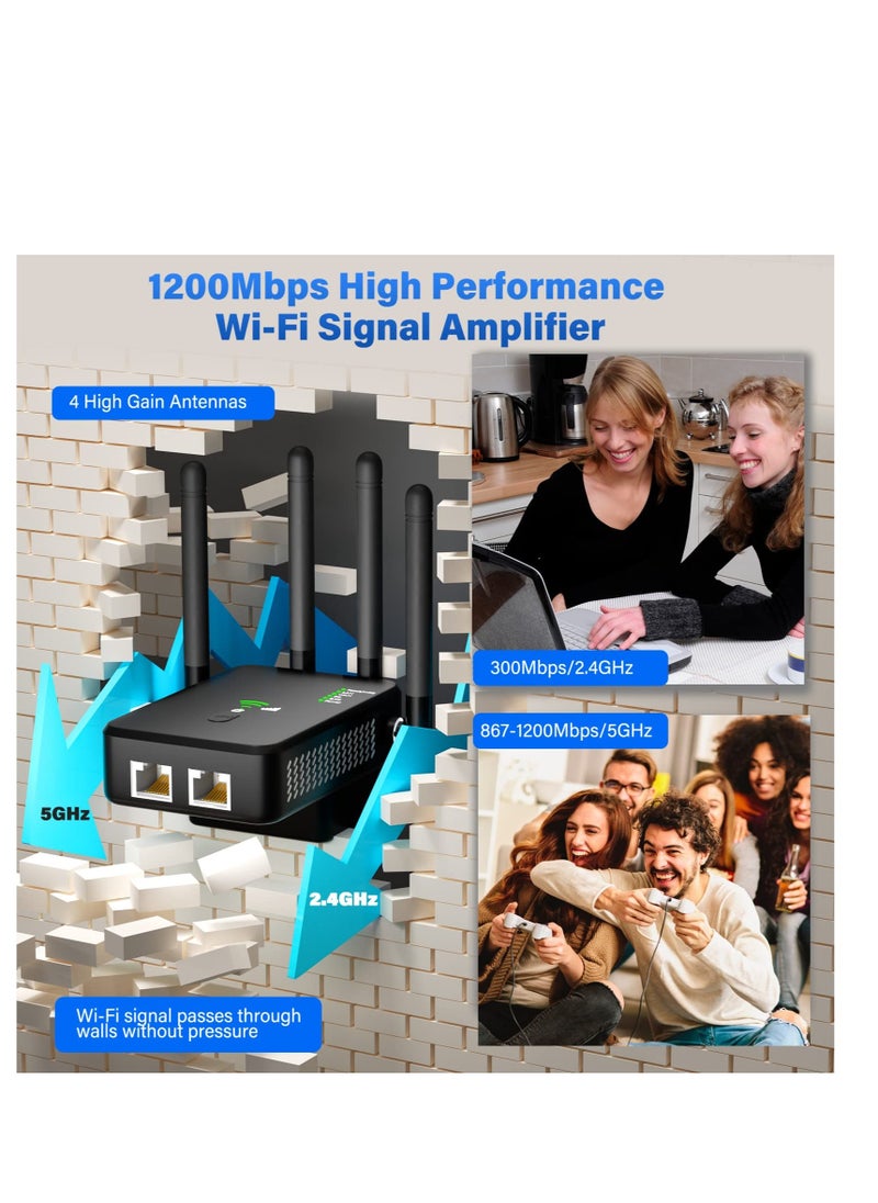 Excefore - WiFi Extender, 1200Mbps Wi-Fi Signal Booster Amplifier, for Home WiFi 2.4&5GHz Dual Band(9800sq.ft)Wireless Repeater, with Ethernet Port & AP Mode, 4 Antennas 360° Coverage - Image 1