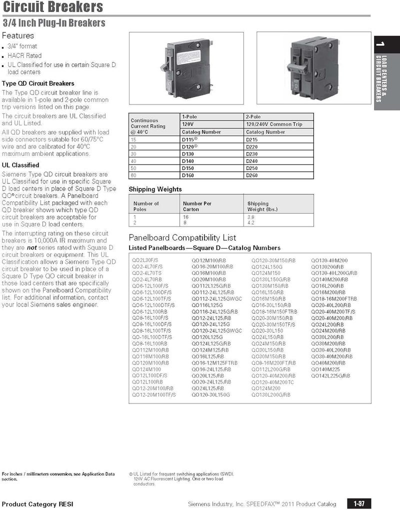 SIEMENS قاطع الدائرة المصنف Siemens D120 نوع QD بديل لنوع Square D QO 1Pole 20Amp أسود - Image 2
