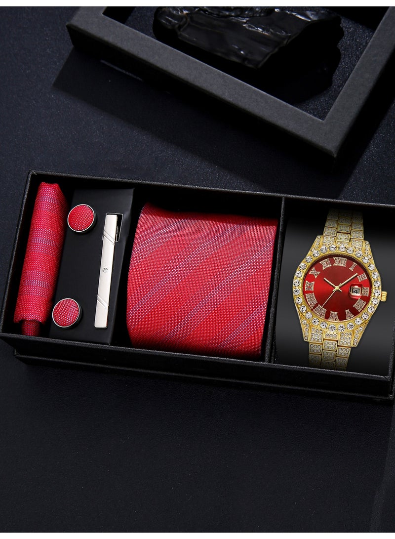 ساعة رجالية متعددة الاستخدامات باللون الأحمر على طراز الأعمال، مزودة بزر كبس، تقترن بربطة عنق أنيقة، لتشكل هدية مثالية له في المناسبات الاحتفالية أو أعياد الميلاد. - Image 1