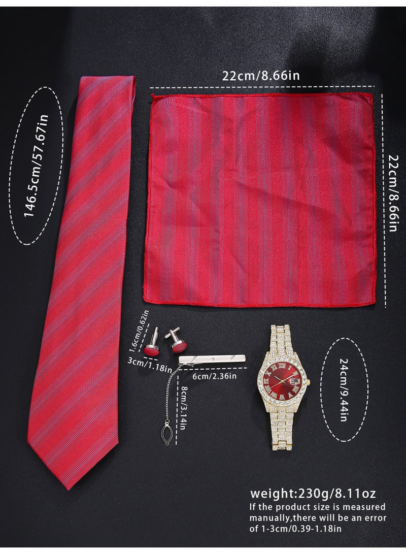 ساعة رجالية متعددة الاستخدامات باللون الأحمر على طراز الأعمال، مزودة بزر كبس، تقترن بربطة عنق أنيقة، لتشكل هدية مثالية له في المناسبات الاحتفالية أو أعياد الميلاد. - Image 3