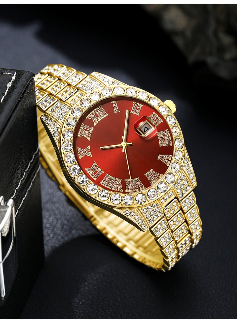 ساعة رجالية متعددة الاستخدامات باللون الأحمر على طراز الأعمال، مزودة بزر كبس، تقترن بربطة عنق أنيقة، لتشكل هدية مثالية له في المناسبات الاحتفالية أو أعياد الميلاد. - Image 4