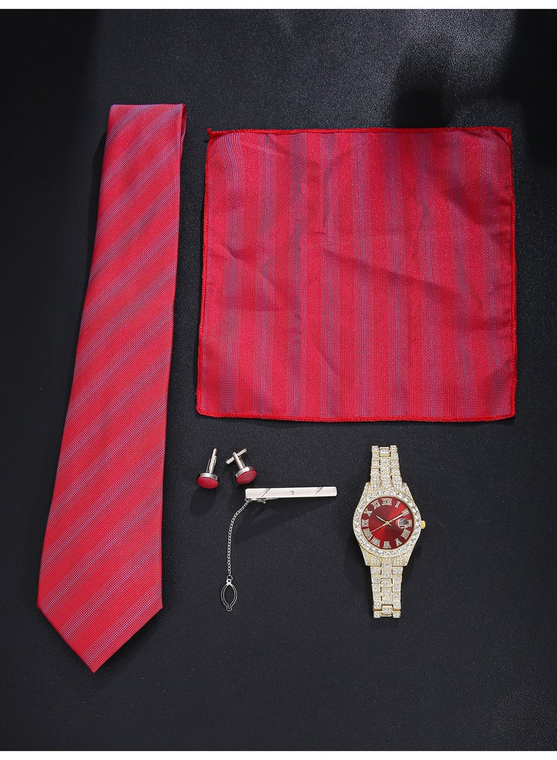 ساعة رجالية متعددة الاستخدامات باللون الأحمر على طراز الأعمال، مزودة بزر كبس، تقترن بربطة عنق أنيقة، لتشكل هدية مثالية له في المناسبات الاحتفالية أو أعياد الميلاد. - Image 2