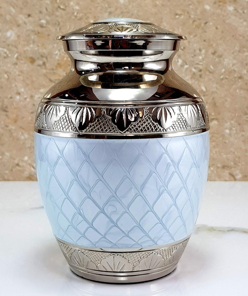 eSplanade Metal Cremation Urn Memorial Jar Pot Container Medium Size Urn for Funeral Ashes Burial Engraved Metal Urn Blue 6 Inches