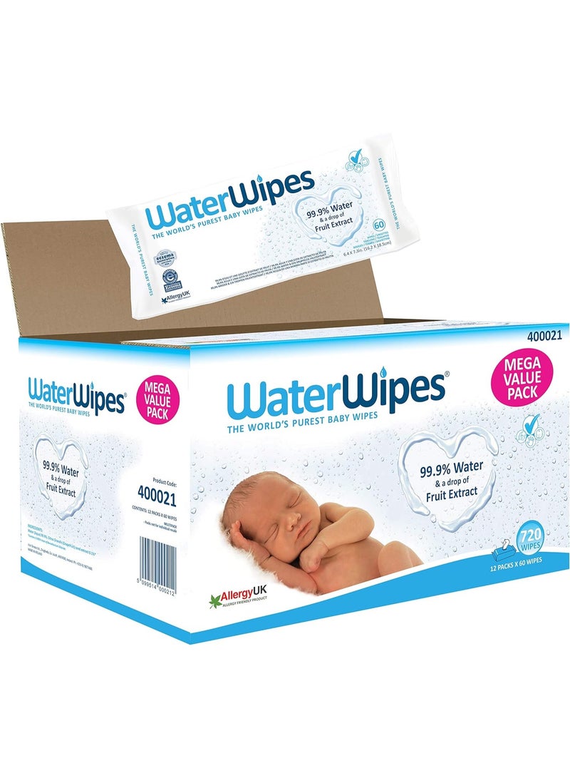 WATER Wipes Mega Value Box - Baby Wipes Pack Of 12 Pouches X 60 Sheets 720 Wipes - White  - Image 1