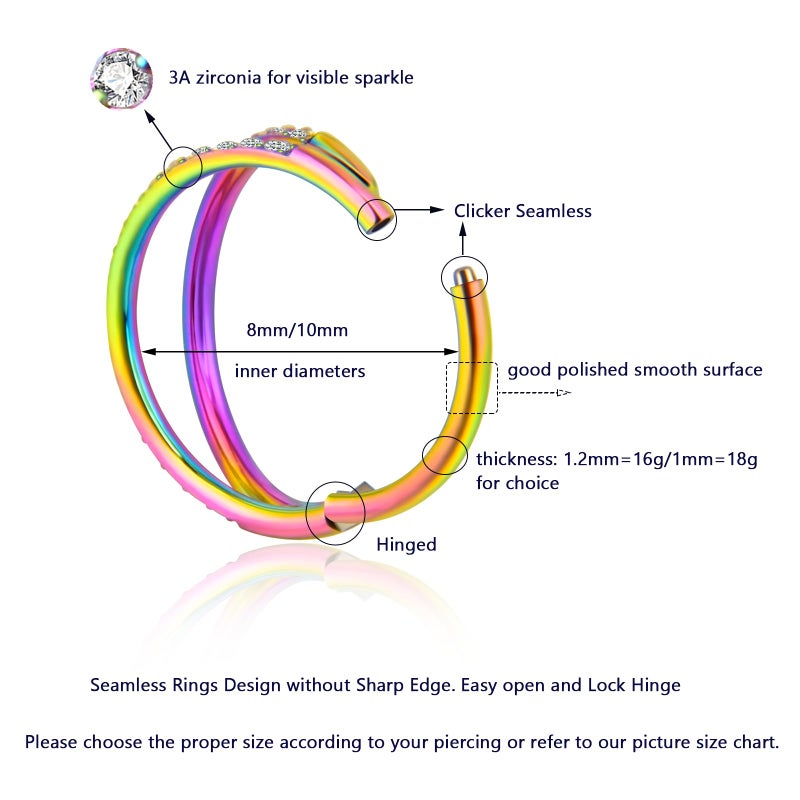 Lantine Hinged 18 Gauge Nose Ring 316 Stainless Steel Double Open Stack Cz Daith Piercing Jewelry Clicker Septum Rings Rook Snug Tragus Cartilage Hoop Earring 8mm - Image 2