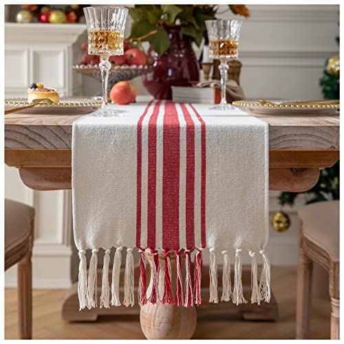 Caflife Christmas Table Runner 13 x 72 Inch for Dining Table, Boho décor Coffee Table Runner with Handcrafted Tassels, red and Beige Stripe Table Runner for Holiday, Winter - Image 1