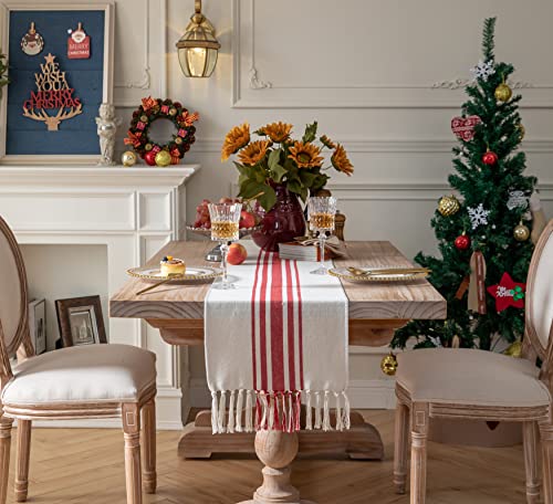 Caflife Christmas Table Runner 13 x 72 Inch for Dining Table, Boho décor Coffee Table Runner with Handcrafted Tassels, red and Beige Stripe Table Runner for Holiday, Winter - Image 2
