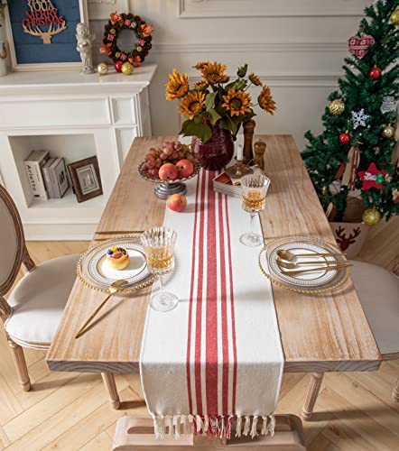Caflife Christmas Table Runner 13 x 72 Inch for Dining Table, Boho décor Coffee Table Runner with Handcrafted Tassels, red and Beige Stripe Table Runner for Holiday, Winter - Image 4