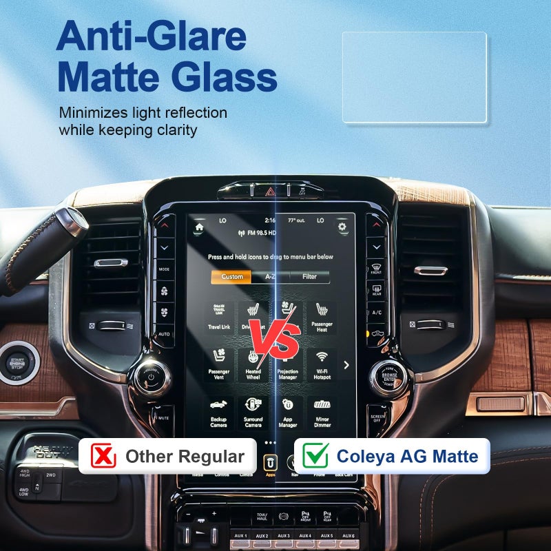 Coleya Anti-Glare Matte 2019-2026 Ram 1500/2500/3500 Screen Protector, for Ram Trucks 12-inch Touchscreen (Laramie/Rebel/RHO/Limited/TRX), 9H Tempered Glass 2025 Ram Accessories Anti-Fingerprint 12" - Image 3