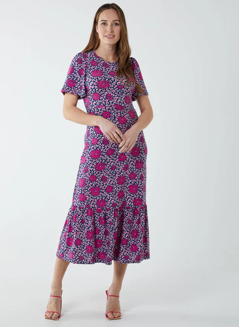 بلو فانيلا فستان متوسط الطول بياقة مستديرة وأكمام ملاك وربطة وظهر مفتوح