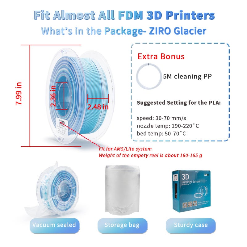 ZIRO Color Change Filament, Matte Gradient Rainbow 3D Printer Filament, Fast Color Changing by Length PLA, Dimensional Accuracy +/-0.03mm, 1KG/ 2.2lbs Spool, Fit Most FDM 3D Printer, Glacier - Image 5
