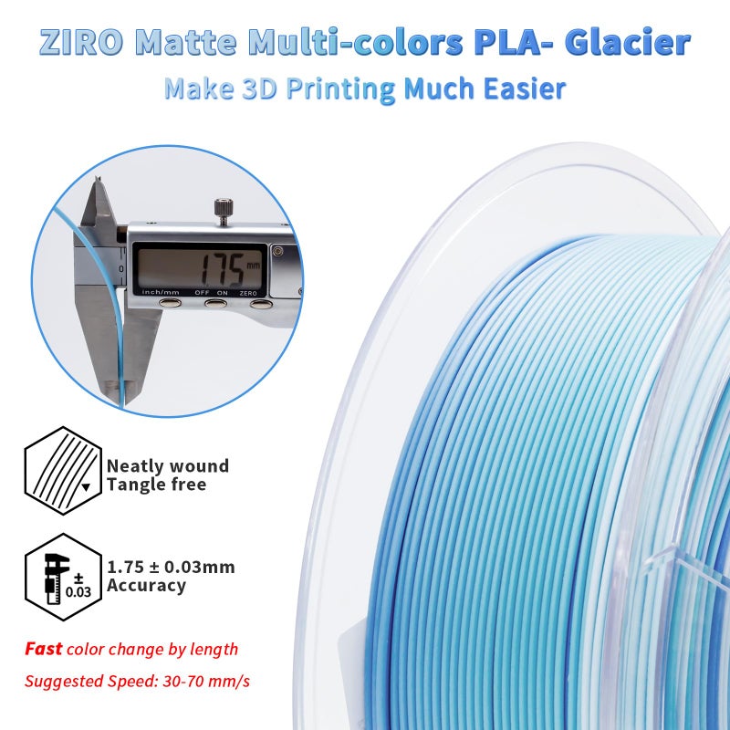 ZIRO Color Change Filament, Matte Gradient Rainbow 3D Printer Filament, Fast Color Changing by Length PLA, Dimensional Accuracy +/-0.03mm, 1KG/ 2.2lbs Spool, Fit Most FDM 3D Printer, Glacier - Image 4