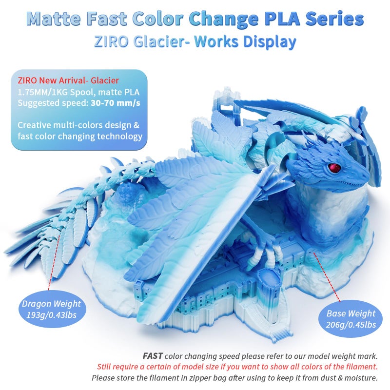 ZIRO Color Change Filament, Matte Gradient Rainbow 3D Printer Filament, Fast Color Changing by Length PLA, Dimensional Accuracy +/-0.03mm, 1KG/ 2.2lbs Spool, Fit Most FDM 3D Printer, Glacier - Image 2