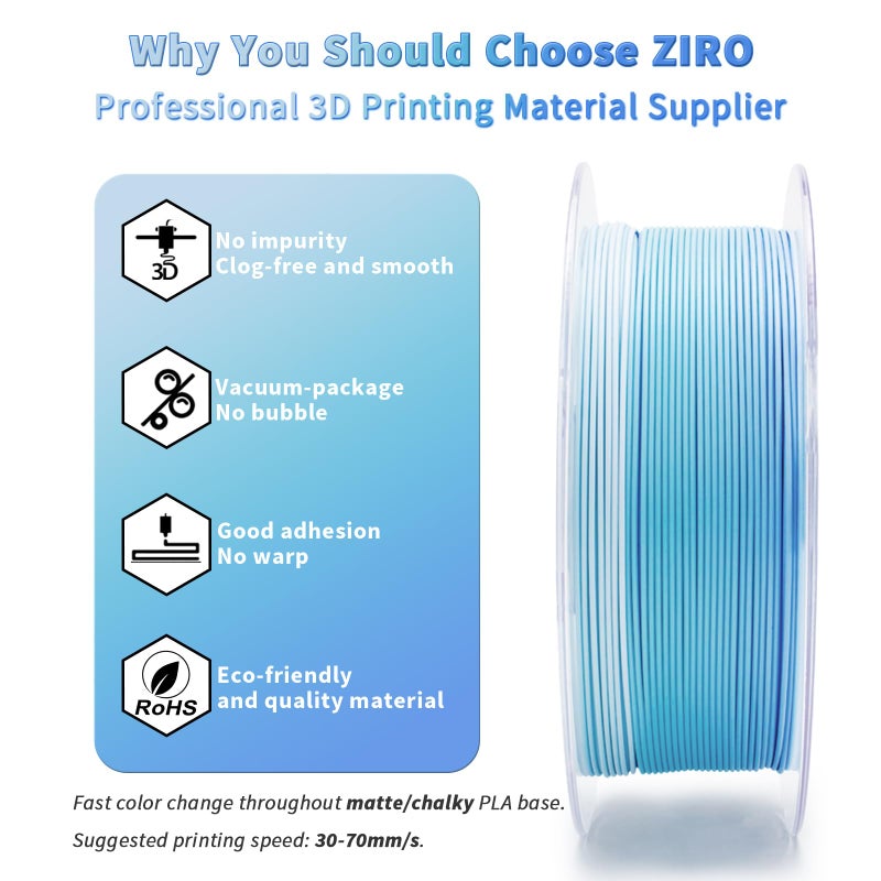 ZIRO Color Change Filament, Matte Gradient Rainbow 3D Printer Filament, Fast Color Changing by Length PLA, Dimensional Accuracy +/-0.03mm, 1KG/ 2.2lbs Spool, Fit Most FDM 3D Printer, Glacier - Image 3