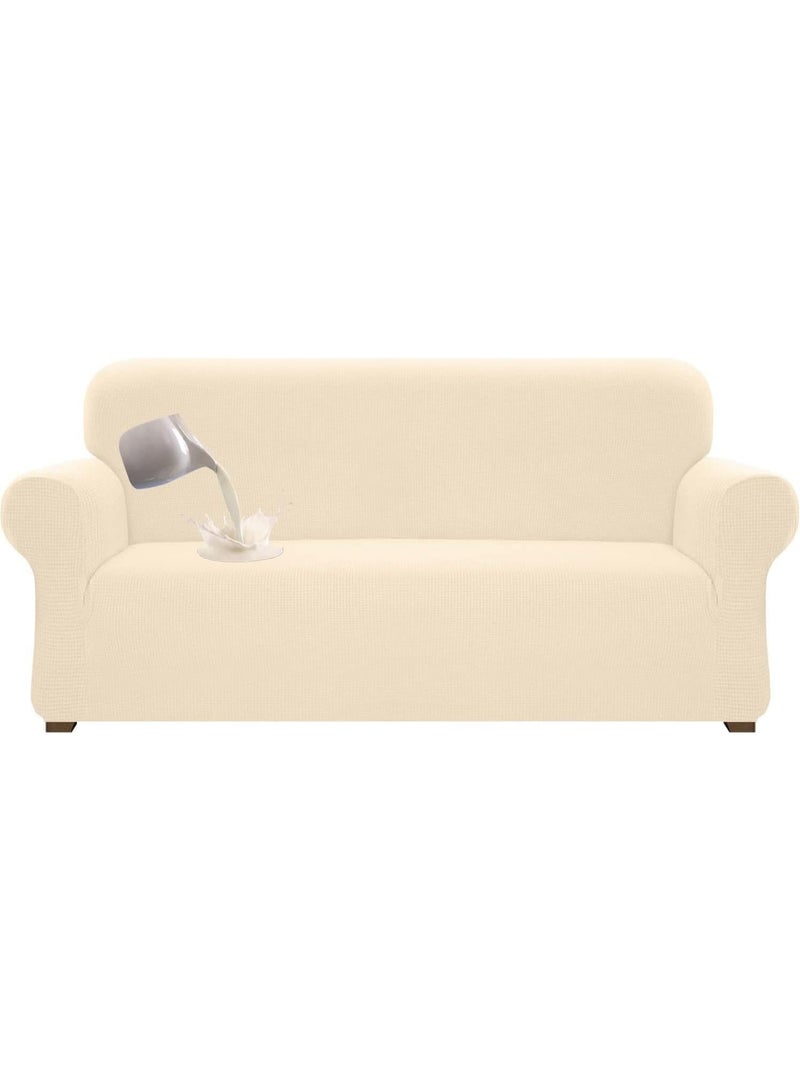 Beauenty Couch Cover, Dual Sofa Stretch Jacquard Slipcover, Leakproof Furniture Protector, Water Repellent Sofa Covers, Universal Couch Slipcover for Kids, Pets (Beige, 3 Seater) - Image 1