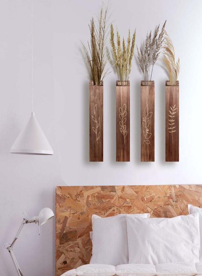 BOTOP 4 Pack Wood Indoor Wall Planters, Modern Wall Decor for Living Room Bedroom, Farmhouse Pocket Wall Vases for Dried Flowers and Faux Greenery Plants - Brown - Image 4