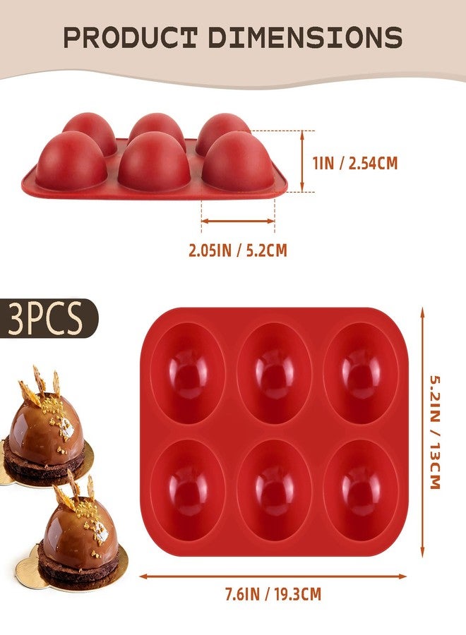 Bilkeru Silicone Semi Sphere Chocolate Bomb Molds, 6-Cavity Half Sphere Non-Stick Baking Mould, Perfect for Hot Cocoa Bombs, Cake, Jelly, Dome Mousse and Candy DIY (3 Pcs Brick Red) - Image 3
