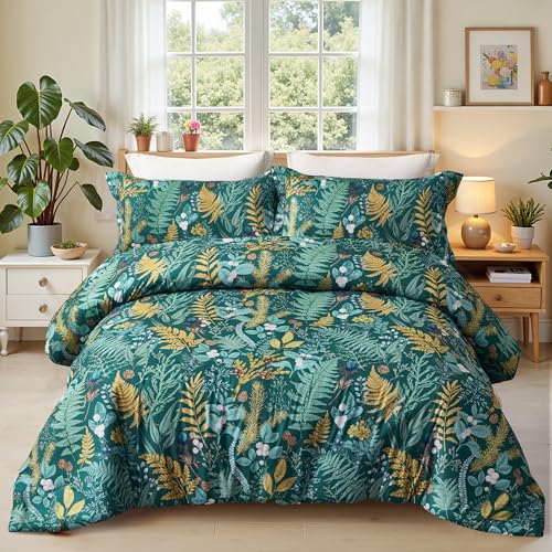 keensoft Queen Comforter Set - 3 Pieces Botanical Bedding Comforter Set, 1 Soft Dark Green Plant Flowers Comforter (90"x90") and 2 Pillow Shams(20"x26") Ultra-Soft Comfort Suitable for All Seasons - Image 1
