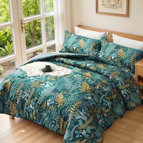keensoft Queen Comforter Set - 3 Pieces Botanical Bedding Comforter Set, 1 Soft Dark Green Plant Flowers Comforter (90"x90") and 2 Pillow Shams(20"x26") Ultra-Soft Comfort Suitable for All Seasons - Image 2