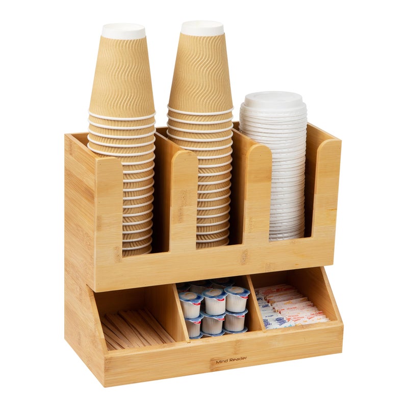 Mind Reader Cup and Condiment Station, Countertop Organizer, Coffee Bar, Kitchen, Bamboo, 13.625"L x 6.75"W x 11.5"H, Brown - Image 2