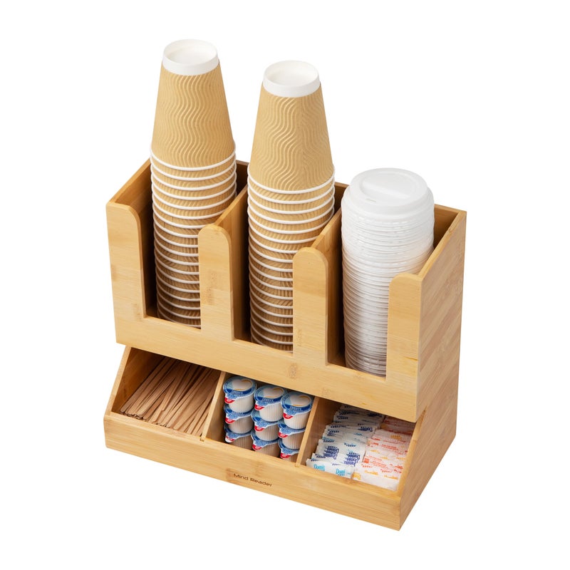 Mind Reader Cup and Condiment Station, Countertop Organizer, Coffee Bar, Kitchen, Bamboo, 13.625"L x 6.75"W x 11.5"H, Brown - Image 1