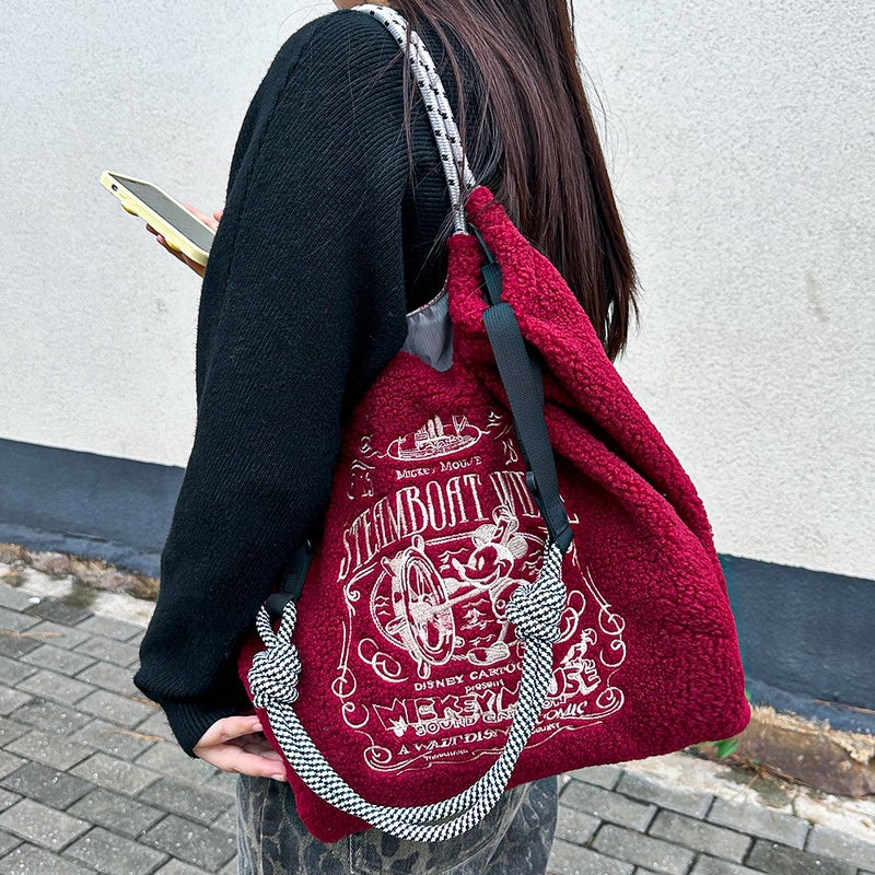 Plush Eco-Friendly Shopping Bag – Large Japanese Embroidered Commuter Shoulder Bag - Image 4