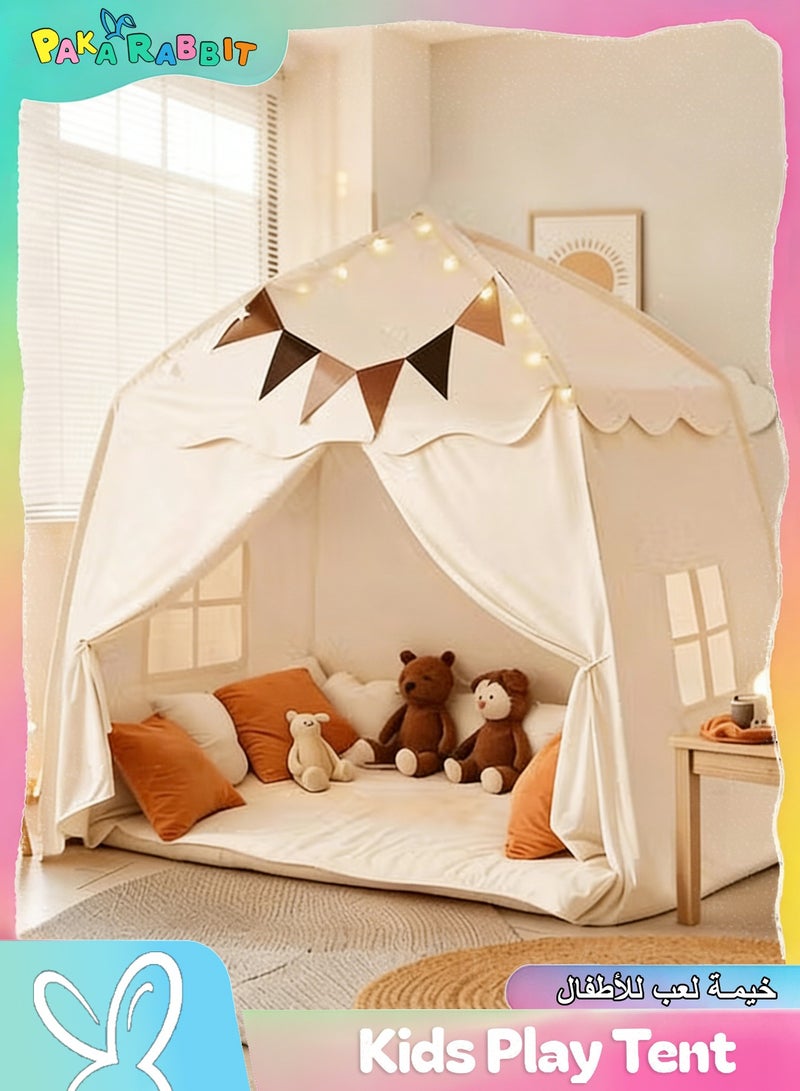 باكا رابيت خيمة لعب للأطفال كبيرة جدًا مع أعلام وأضواء نجوم، خيمة تيبي محمولة وقابلة للطي، للأولاد والبنات، خيمة قبة داخلية وخارجية، 130×130×100 سم، كريمي - Image 1