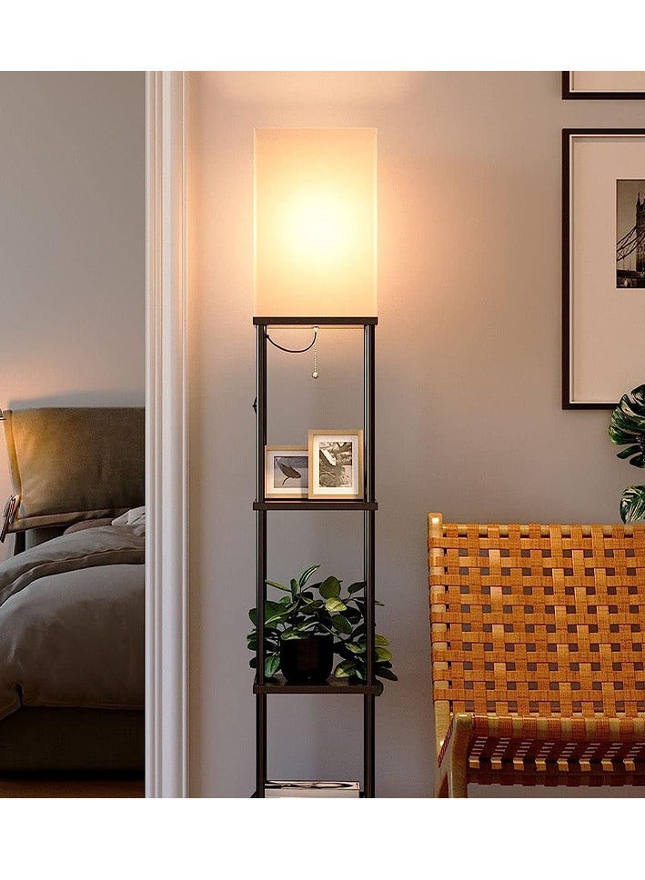 عام مصباح أرضي مع أرفف، مصابيح أرضية للجرف لغرفة المعيشة مع 10 لمبة LED لدرجة حرارة اللون، مصباح أرضي حديث للملمس الخشبي مع ظل كتان أبيض، مصباح دائم للعرض لغرفة المعيشة، غرفة نوم - Image 1