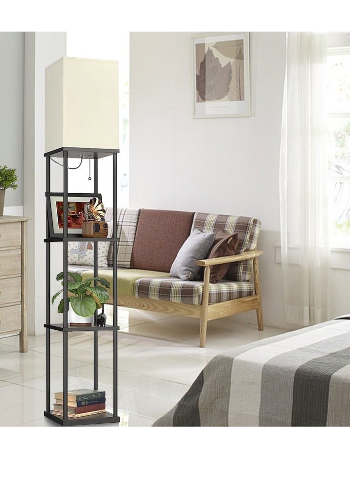 عام مصباح أرضي مع أرفف، مصابيح أرضية للجرف لغرفة المعيشة مع 10 لمبة LED لدرجة حرارة اللون، مصباح أرضي حديث للملمس الخشبي مع ظل كتان أبيض، مصباح دائم للعرض لغرفة المعيشة، غرفة نوم - Image 2