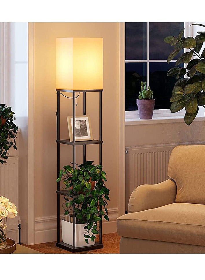 عام مصباح أرضي مع أرفف، مصابيح أرضية للجرف لغرفة المعيشة مع 10 لمبة LED لدرجة حرارة اللون، مصباح أرضي حديث للملمس الخشبي مع ظل كتان أبيض، مصباح دائم للعرض لغرفة المعيشة، غرفة نوم - Image 3