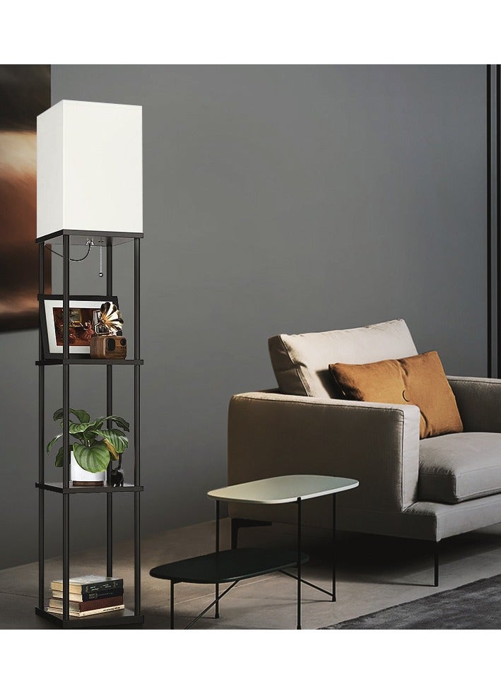 عام مصباح أرضي مع أرفف، مصابيح أرضية للجرف لغرفة المعيشة مع 10 لمبة LED لدرجة حرارة اللون، مصباح أرضي حديث للملمس الخشبي مع ظل كتان أبيض، مصباح دائم للعرض لغرفة المعيشة، غرفة نوم - Image 4