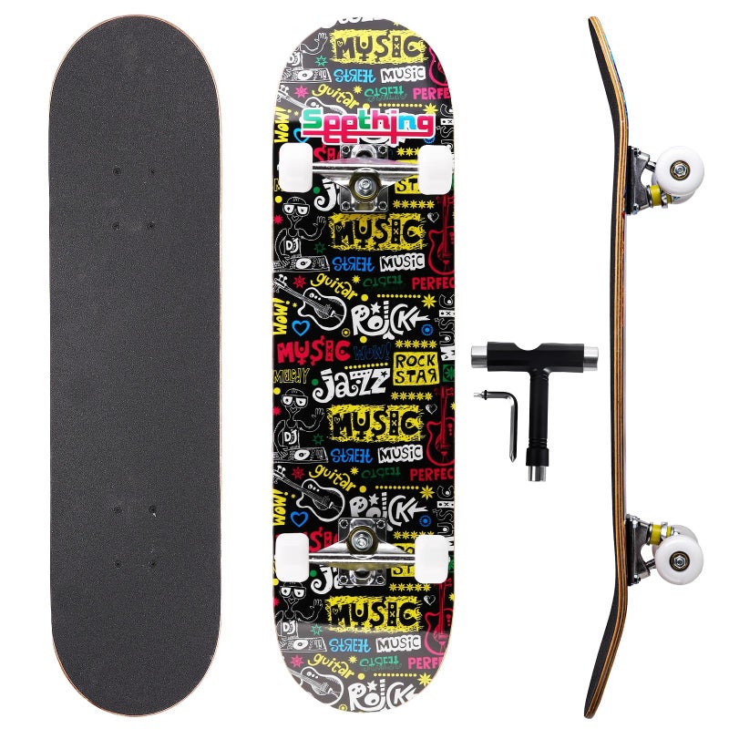 vigvitspo Professional Double Kick Skateboard, 31 inch Maple Deck, ABEC-9 Bearings, 95A PU Wheels, Custom Graphic Design (Music, 31in) - Image 1