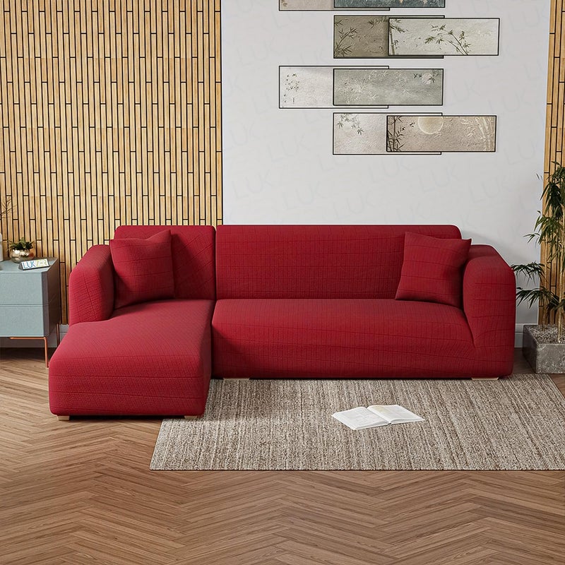 Lukzer غطاء أريكة لكسير بشكل L عالمي مضاد للانزلاق (صندوق أحمر منقوش/ 185 سم-230 سم) - الجانب الأيسر (LHS) واقي أثاث مرن لغرفة المعيشة - Image 3