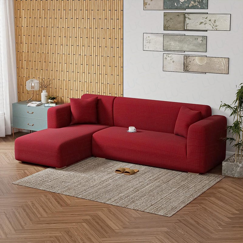 Lukzer غطاء أريكة لكسير بشكل L عالمي مضاد للانزلاق (صندوق أحمر منقوش/ 185 سم-230 سم) - الجانب الأيسر (LHS) واقي أثاث مرن لغرفة المعيشة - Image 2
