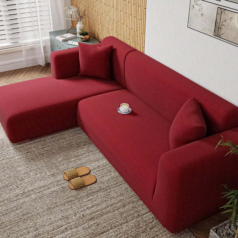 Lukzer غطاء أريكة لكسير بشكل L عالمي مضاد للانزلاق (صندوق أحمر منقوش/ 185 سم-230 سم) - الجانب الأيسر (LHS) واقي أثاث مرن لغرفة المعيشة - Image 4