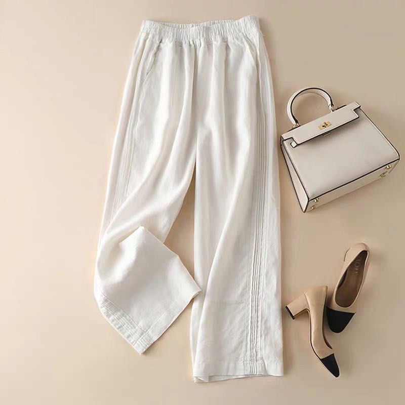 Pendant Cotton Linen Wide-leg Pants Womens 2023 Summer New Pants Womens Loose Slimming High Waist Thin Straight Casual Pants White  - Image 1