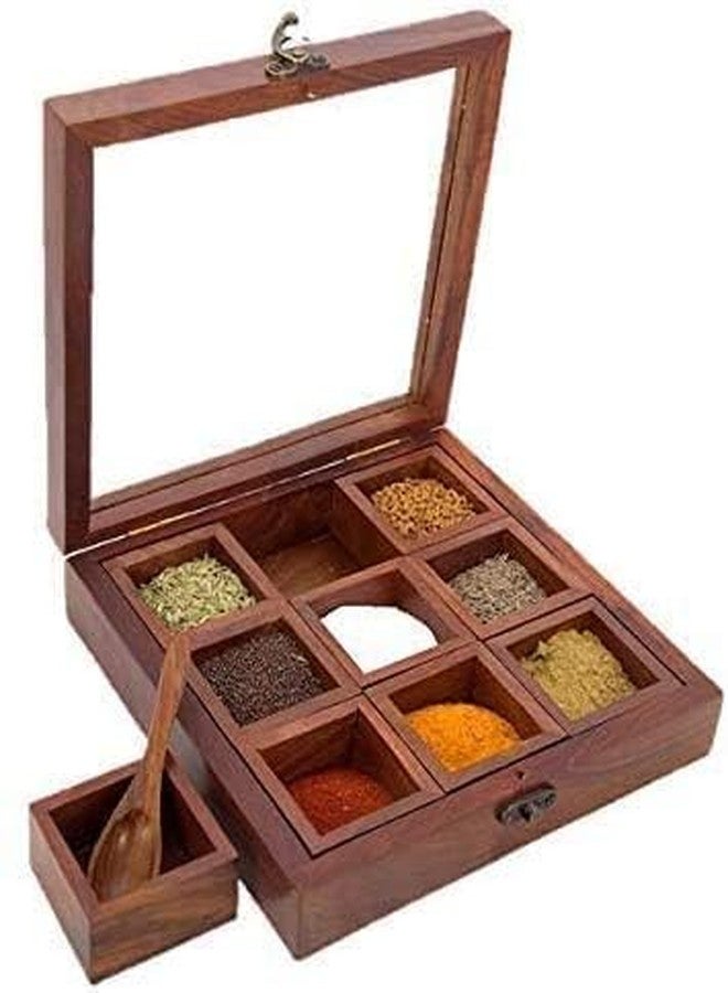 RAHLITE Sheesham Wooden Tabletop Jars and Kitchen Spice Box with Spoon for Masala Dabba (Sheesham Wood, Brown, Non-Removable Partitions), 50 Ml - Image 2