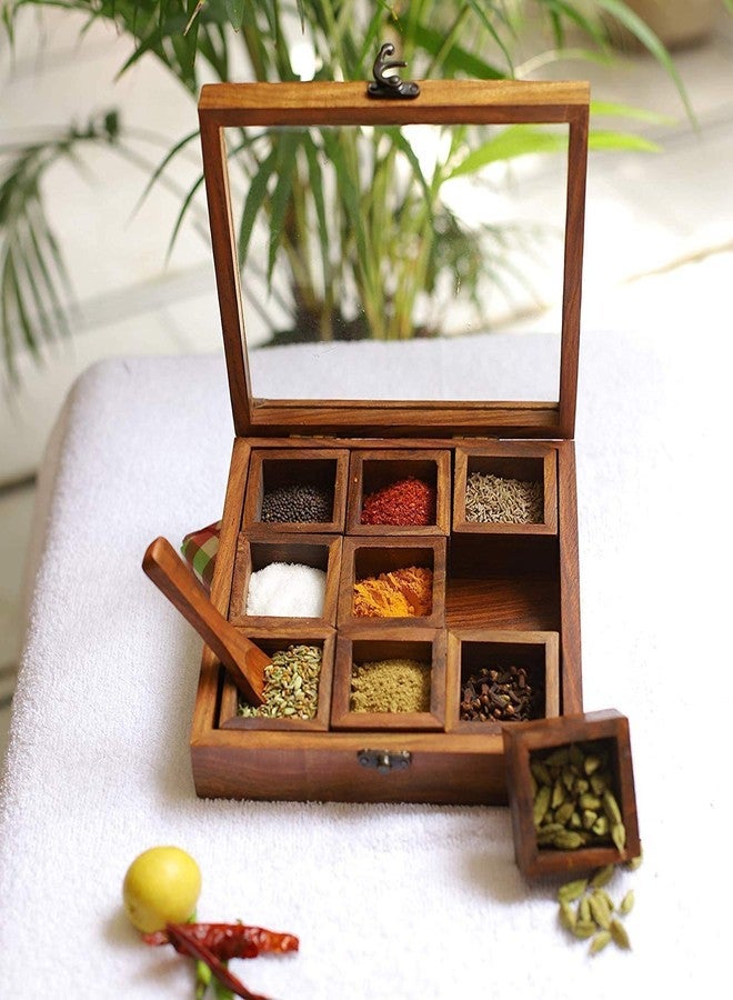 RAHLITE Sheesham Wooden Tabletop Jars and Kitchen Spice Box with Spoon for Masala Dabba (Sheesham Wood, Brown, Non-Removable Partitions), 50 Ml - Image 1