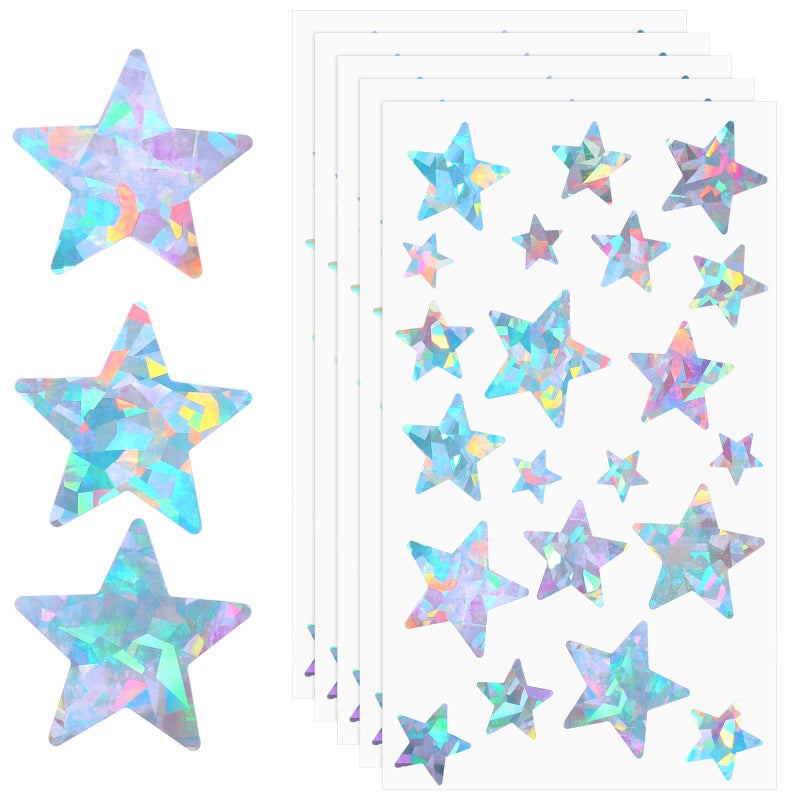 Marspark 10 Sheets Holographic Glitter Silvery Star Stickers Multiple Sizes Self-Adhesive Decals Glitter Reflective Star Stickers Iridescent Sparkly Reward Behavior Labels for Wall Classroom Teacher - Image 1