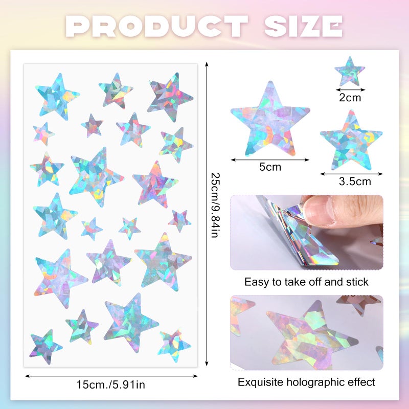 Marspark 10 Sheets Holographic Glitter Silvery Star Stickers Multiple Sizes Self-Adhesive Decals Glitter Reflective Star Stickers Iridescent Sparkly Reward Behavior Labels for Wall Classroom Teacher - Image 2