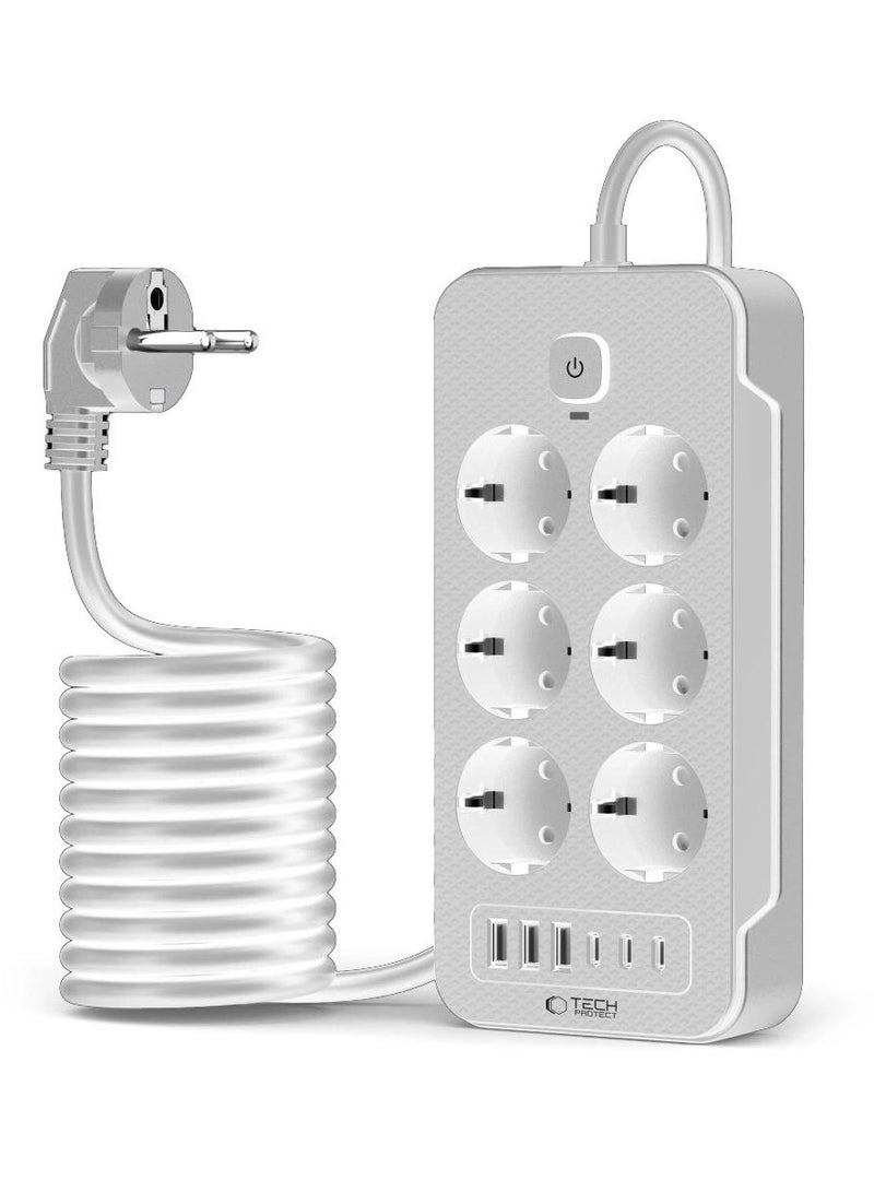 Power Strip Surge Protector J16U with 2M Extension Cord, 6 AC Outlets, 3 USB Ports and 3 PD Fast Charging Ports, 2500W 10A Rated Power, 110V-250V, Advanced Safety Protection for Home, Office and Travel