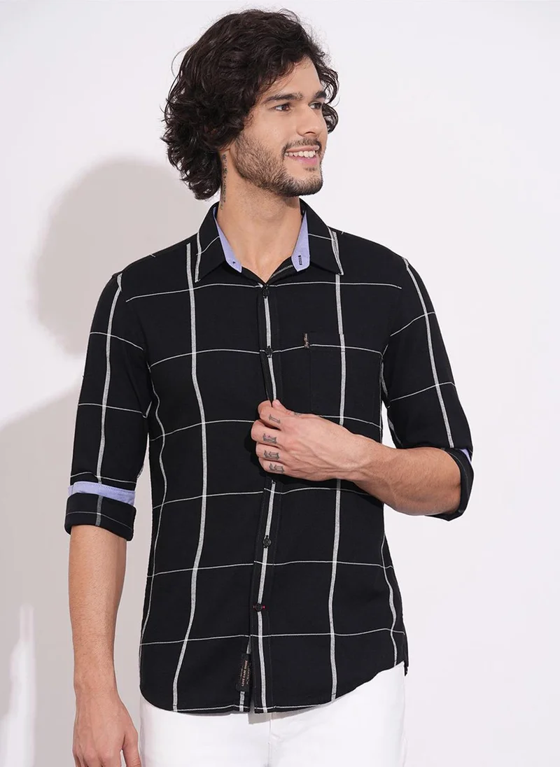 بيينغ هيومان Windowpane Checked Spread Collar Long Sleeves Casual Shirt