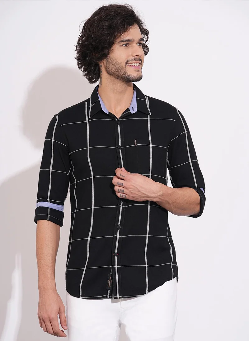 بيينغ هيومان Windowpane Checked Spread Collar Long Sleeves Casual Shirt