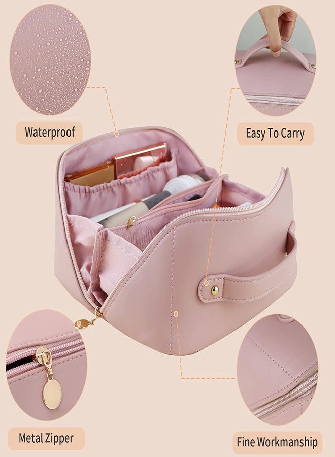 HOUVIDA Large Capacity Travel Cosmetic Bag PU Leather Waterproof Portable with Handle and Divider Multifunctional Bag Makeup Accessories for Women (Pink) - Image 2