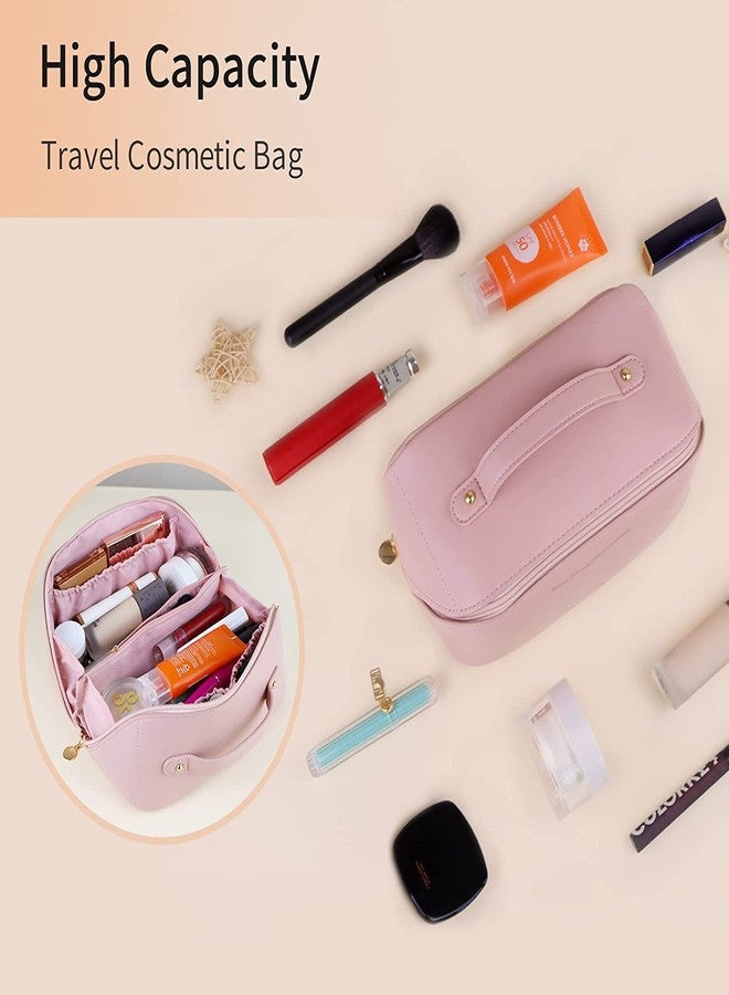 HOUVIDA Large Capacity Travel Cosmetic Bag PU Leather Waterproof Portable with Handle and Divider Multifunctional Bag Makeup Accessories for Women (Pink) - Image 3
