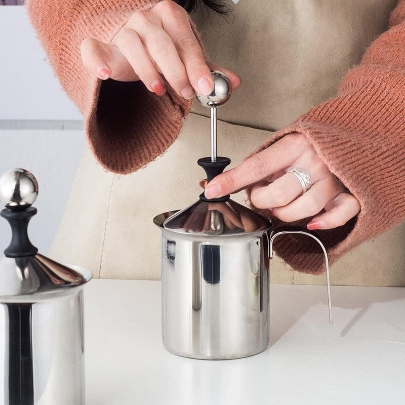 Coffee Frother Stainless Steel Manual Milk Frother for Coffee, Handheld Coffee Milk Frother Pitchers,Manual Operated Milk Foam Maker for Cappuccino Coffee Beater Chocolate Coffee Beater(400ml)