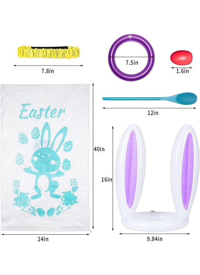 ThinkMax 4 Players Easter Outdoor Party Games for Kids and Family - Potato Sack Race Jumping Bags, Legged Relay Race Bands, Egg and Spoon Race and Inflatable Bunny Ring Toss Games - Easter Party Supplies  - Image 2