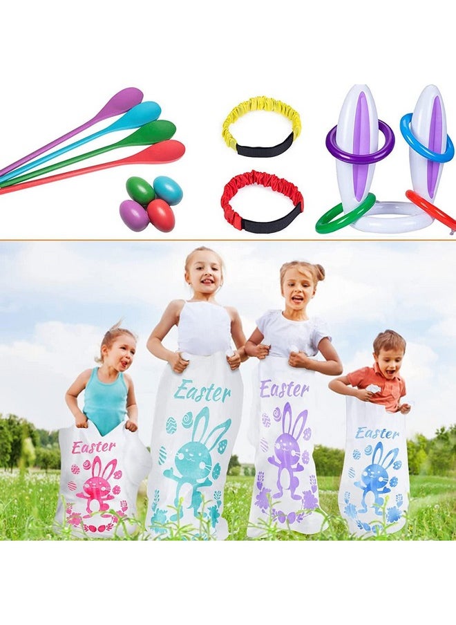 ThinkMax 4 Players Easter Outdoor Party Games for Kids and Family - Potato Sack Race Jumping Bags, Legged Relay Race Bands, Egg and Spoon Race and Inflatable Bunny Ring Toss Games - Easter Party Supplies  - Image 1