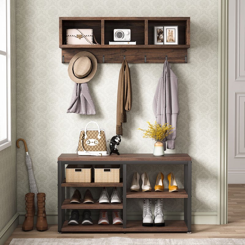 Tribesigns Tribesigns Industrial Shoe Rack Bench with Coat Rack Set with Hall Tree 3 Storage Cubbies 7 Hooks for Entryway Hallway 5in1Design Rustic Brown